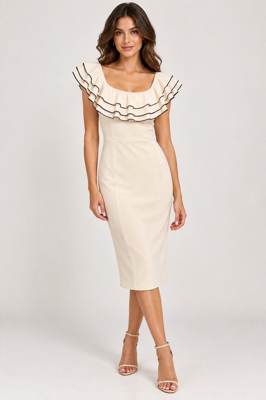 THE ROOM Anthropologie Cream Bodycon Ruffle Dress NWT Size LARGE
